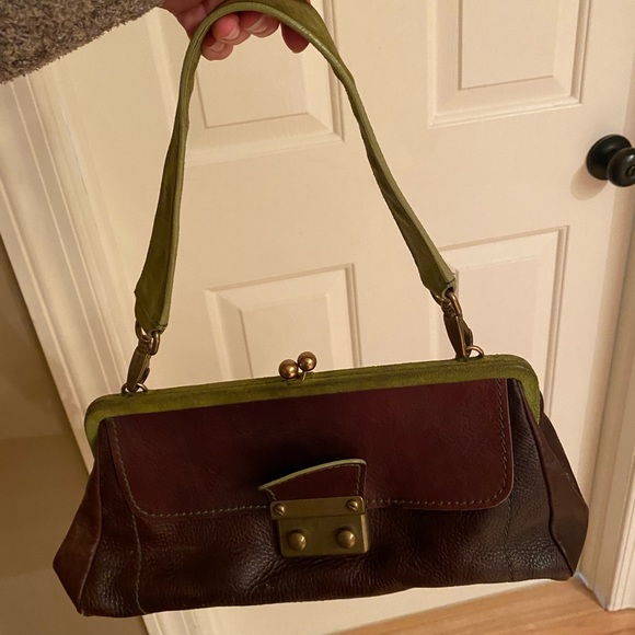 Miu Miu green/brown leather and suede kiss lock frame vintage purse clutch - Picture 2 of 15